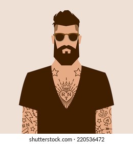 flat cartoon hipster character, vector illustration man with tattoo