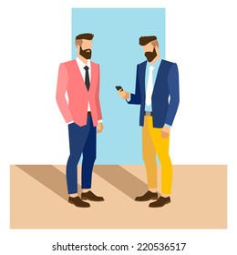 flat cartoon hipster character, vector illustration two businessman with phone 