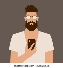 flat cartoon hipster character, vector illustration man with phone 