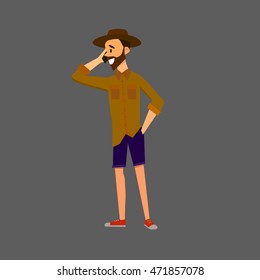 flat cartoon hipster character, vector illustration man with phone