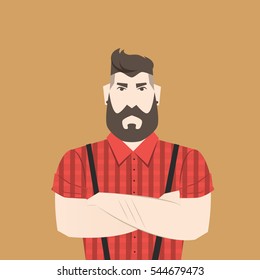 Flat cartoon hipster character, vector illustration bearded man with tattoo