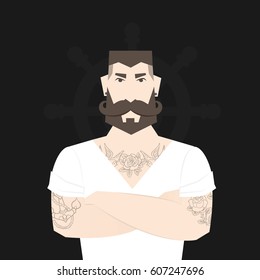 Flat cartoon hipster character, vector illustration bearded man with tattoo