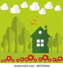 Flat Cartoon Home, sky, flower, tree, birds. Vector