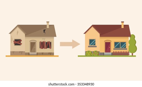 Flat Cartoon House Before And After Repair. Colorful Vector Illustration