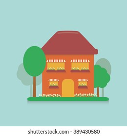 flat cartoon house in the suburbs with a small plot planted with flowers, daisies and planted trees on blue background 