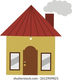 Flat cartoon house with triangle red roof, door light bulb, and smoking chimney