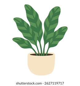 Planta de casa plana de dibujos animados con hojas estampadas en negrita en una olla de cerámica pastel, Clipart de Vector.
