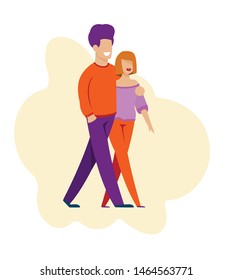 Flat Cartoon Hugging Man and Woman Characters in Love. Married Couple, Boyfriend and Girlfriend Walking Outdoors during Romantic Date. Husband and wife Go out. Vector Isolated Flat Illustration