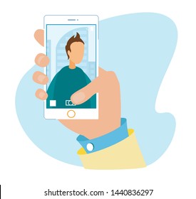 Flat Cartoon Human Hand Holding Phone with Open Modern Multimedia Application. Camera Smartphone User Interface for Taking Portrait Photo and Making Selfie. Vector Snapshot Illustration