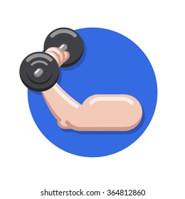 flat cartoon icon of arm with dumbbell 