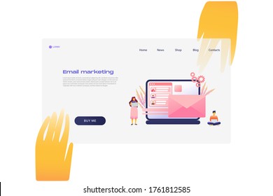 Icono plano de caricatura con plantilla de página de inicio de negocio de email marketing para el diseño de concepto con personajes. Estilo púrpura rosa con metáfora de manos infográficas ilustración con portátil, CRM, flores