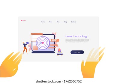 Flat cartoon icon with lead scoring landing page template for concept design with characters. Pink purple style with hands infographic metaphor illustration with notebook, windows, flowers, target