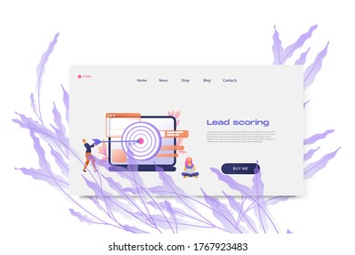 Flat cartoon icon with lead scoring landing page template for concept design with characters. Pink purple style with flowers infographic metaphor illustration with notebook, windows, flowers, target