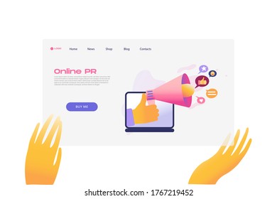 Flat cartoon icon with online PR business landing page template for concept design with characters. Pink purple style with hands infographic metaphor illustration with notebook, likes, speaker, horn