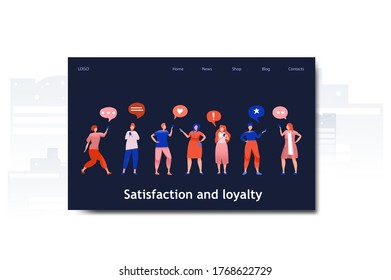 Flaches Cartoon-Symbol mit Zufriedenheit und Treue Business-Landing-Page-Vorlage für Konzept-Design mit Zeichen. Blauer orangefarbener Stil mit städtischer Infografik Metapher mit Handys, wie