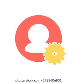 Flat cartoon icon set of account admin settings. User profile with gear symbol for personal data management, employee configuration, and system settings illustration.