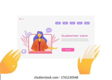 Flat cartoon icon set with customer care business landing page template for concept design with characters. Pink purple style with hands infographic metaphor illustration with notebook, 24-7, flowers