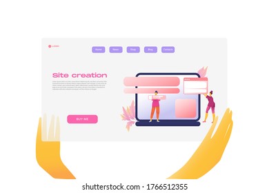Flat cartoon icon with site creation business landing page template for concept design with characters. Pink purple style with hands infographic metaphor illustration with notebook, flowers, windows