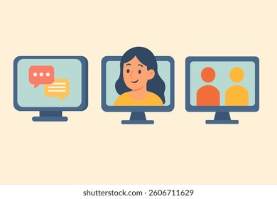 Flat cartoon icons of computer screens showing messages, people and video conferencing scenes.