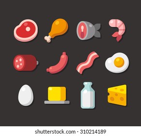  Flat cartoon icons of meat, seafood and dairy products.