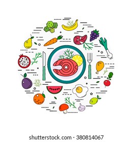 Flat cartoon illustration of a banner collection of a healthy breakfast, lunch, fruits and vegetables. For a healthy lifestyle and proper nutrition. Vector