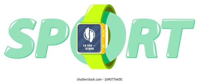 Flat cartoon illustration with big word, sport and smart watch, two human foot on display, vector illustration isolated on white background