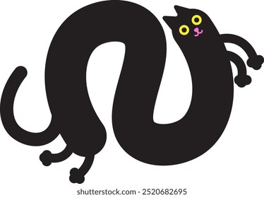 Ilustração de desenho animado plano de um gato preto com um corpo longo e elástico