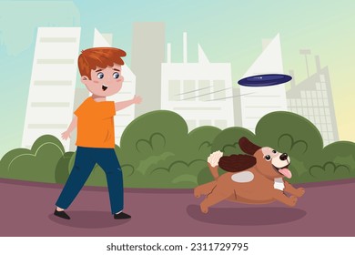 Flat cartoon illustration with a boy throwing a disk for the dog. Play time with a pet, care, family, friendship, fun concept illustration with a child and a puppy.  
