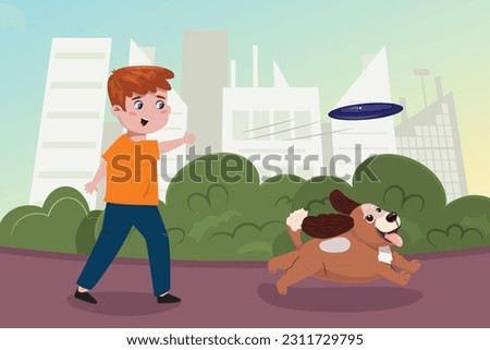 Flat cartoon illustration with a boy throwing a disk for the dog. Play time with a pet, care, family, friendship, fun concept illustration with a child and a puppy.  
