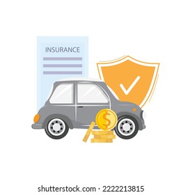 Ilustración de dibujos animados planos con un coche, un escudo, monedas y un documento de seguro. Para banners, tarjetas, vales y anuncios web. Ilustración del concepto de seguro de automóvil.