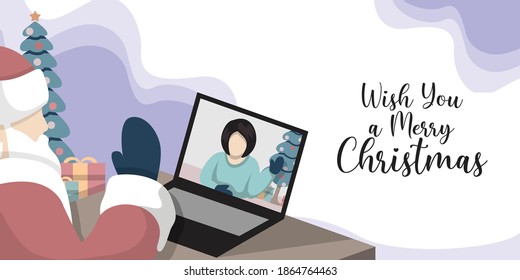 flat cartoon illustration of christmas celebration. santa do a online greeting on video stream