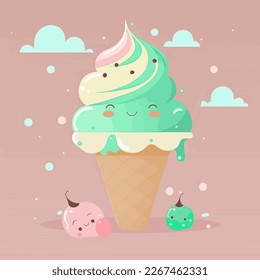 Flat cartoon illustration of cute beautiful ice cream in pastel colors