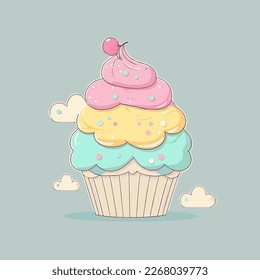 Flat cartoon illustration of cute beautiful cupcake in pastel colors.