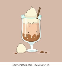 Flat cartoon illustration of cute beautiful glass cup of coffee drink in pastel brown colors