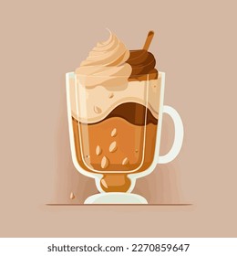 Flat cartoon illustration of cute beautiful glass cup of coffee drink in pastel brown colors
