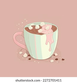 Flat cartoon illustration of cute beautiful glass cup of cocoa drink in pastel brown colors