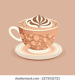 Flat cartoon illustration of cute beautiful glass cup of cappuccino in pastel brown colors