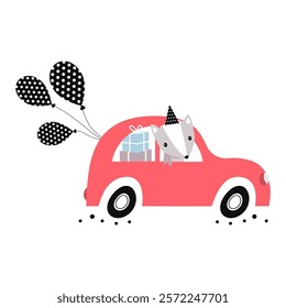 flat cartoon illustration of cute fox driving car with gifts and balloons, greeting card with cute animal