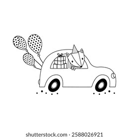 flat cartoon illustration of cute fox driving car with gifts and balloons, greeting card with cute animal in contour