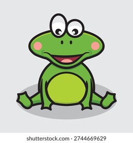 Flat cartoon illustration of a cute frog sitting on a gray background