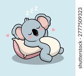 Flat cartoon illustration of cute koala sleeping on pillow on blue background