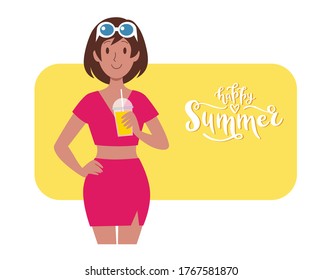 Flat cartoon illustration with cute woman character in sunglasses and red costume. Happy summer handwritten vector lettering on yellow background. Seasonal vacation design for banner, poster, print.