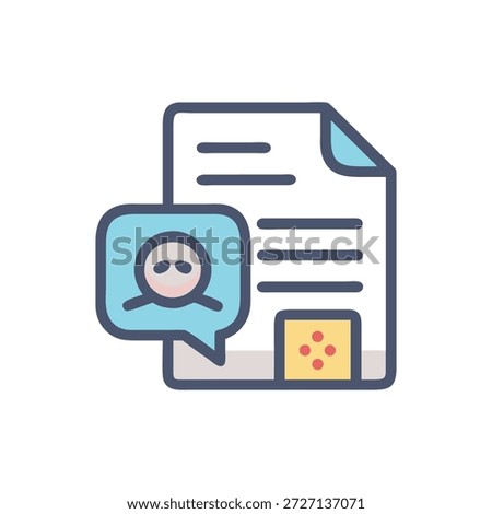A flat cartoon illustration of a document next to a chat bubble with a face.