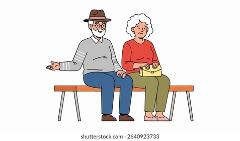 Flat Cartoon Illustration of Elderly Couple Sitting on a Bench and Smiling