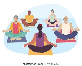 Flat cartoon illustration with elderly and old people doing meditation and yoga with instructor for healthy lifestyle. Design element, characters for banner of poster. Elderly
