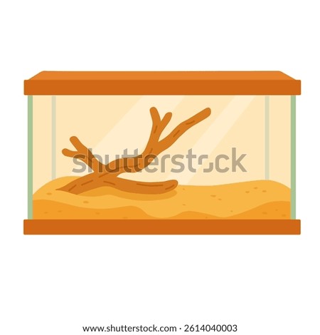 Flat cartoon illustration of an empty glass terrarium with branch and yellow sand for exotic pets.