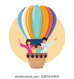 Flat cartoon illustration of a father, mother, daughter and son traveling in the hot air balloon. Happy family illustration.