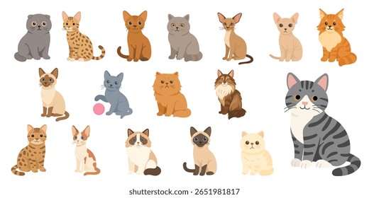 Flat cartoon illustration featuring multiple cats of various breeds including Persian, Siamese, Sphynx, Bengal, and tabby, set of cats shown in playful and cute poses, ideal for pet-themed projects 
