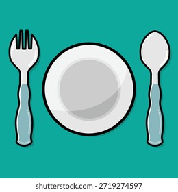 Ilustración plana de dibujos animados de la placa de tenedor y cuchara sobre fondo verde