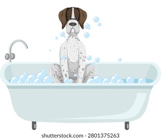 Flat cartoon illustration of a German Shorthaired Pointer dog sitting in a bubble-filled bathtub.